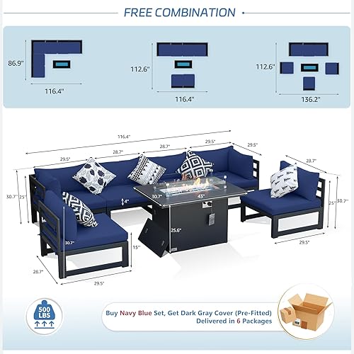 Miniatura 155 de NICESOUL 7 Piece White Powder-Coated Aluminum Patio Furniture with Fire Pit Table, 29 Inch Extra Wide Outdoor Sectional Sofa for 6, High-End Heavy