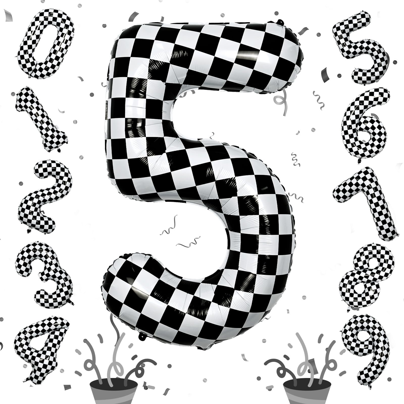 40 Inch Checkered 5 Number Balloons, Large Foil Self Inflating 5th Birthday Racing Balloons Decor, Black and White Checkered 5 Ballons for Boys 5th Birthday Race Car Flag Party Decorations SuppliesCarbonfree CertifiedClimeCo Certified