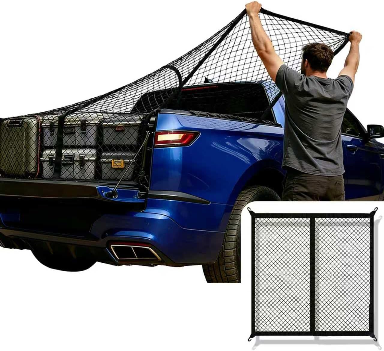 Cargo Net for Pickup Truck Bed - Stretchable 4'x4' to 8'x8', High Elastic Fine Mesh 1'‘x1’' - Cargo Mesh Organizer Ideal for ATV, SUV, UTV, Truck and Boat Use (Single Layer)