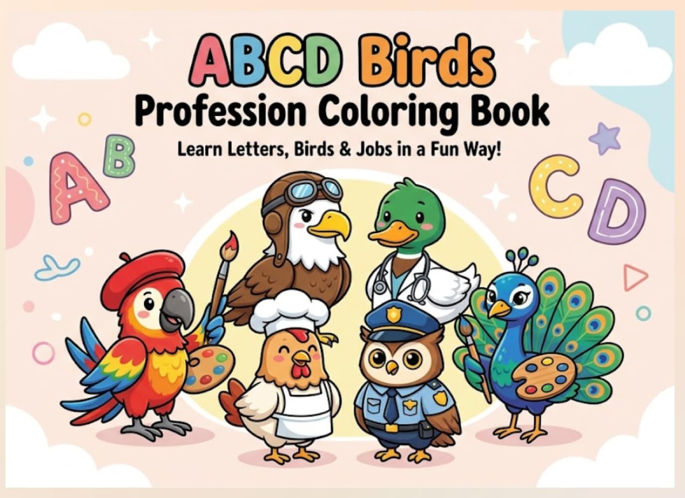 ABCD Birds Profession Coloring Book: Fun A to Z Alphabet Learning with Cute Birds in Different Jobs | Easy Coloring Pages for Kids Ages 3–8