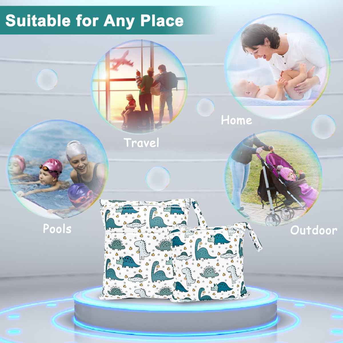 Bolsa de Pañales, 2PCS Bolsa Impermeable Reutilizable para Bebe, Ropa Seca y Húmeda Organizador de Pañales, Wetbag Lavable Neceser para Viaje Playa Deporte Guardería Merienda (Dinosaurio)