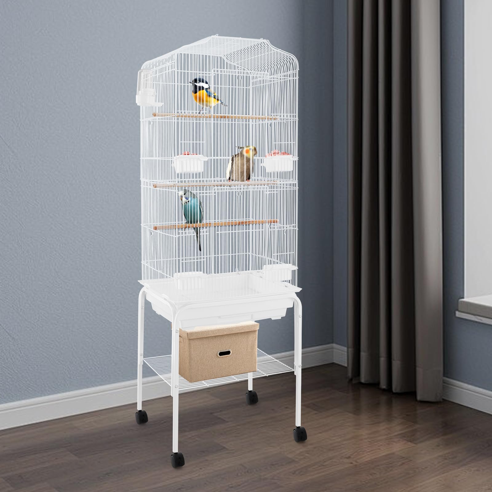 Jaula grande para loros y periquitos, estable de metal con 4 ruedas universales, bandeja inferior extraíble, compartimento de almacenamiento, para balcones, salón y cría de aves