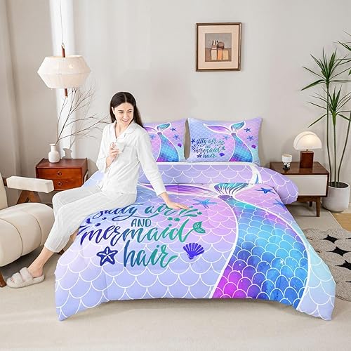 Miniatura 2 de Juego de edredón con cola de sirena para niñas, diseño de escamas de peces, juego de ropa de cama bonito, funda de edredón con inserto de concha y