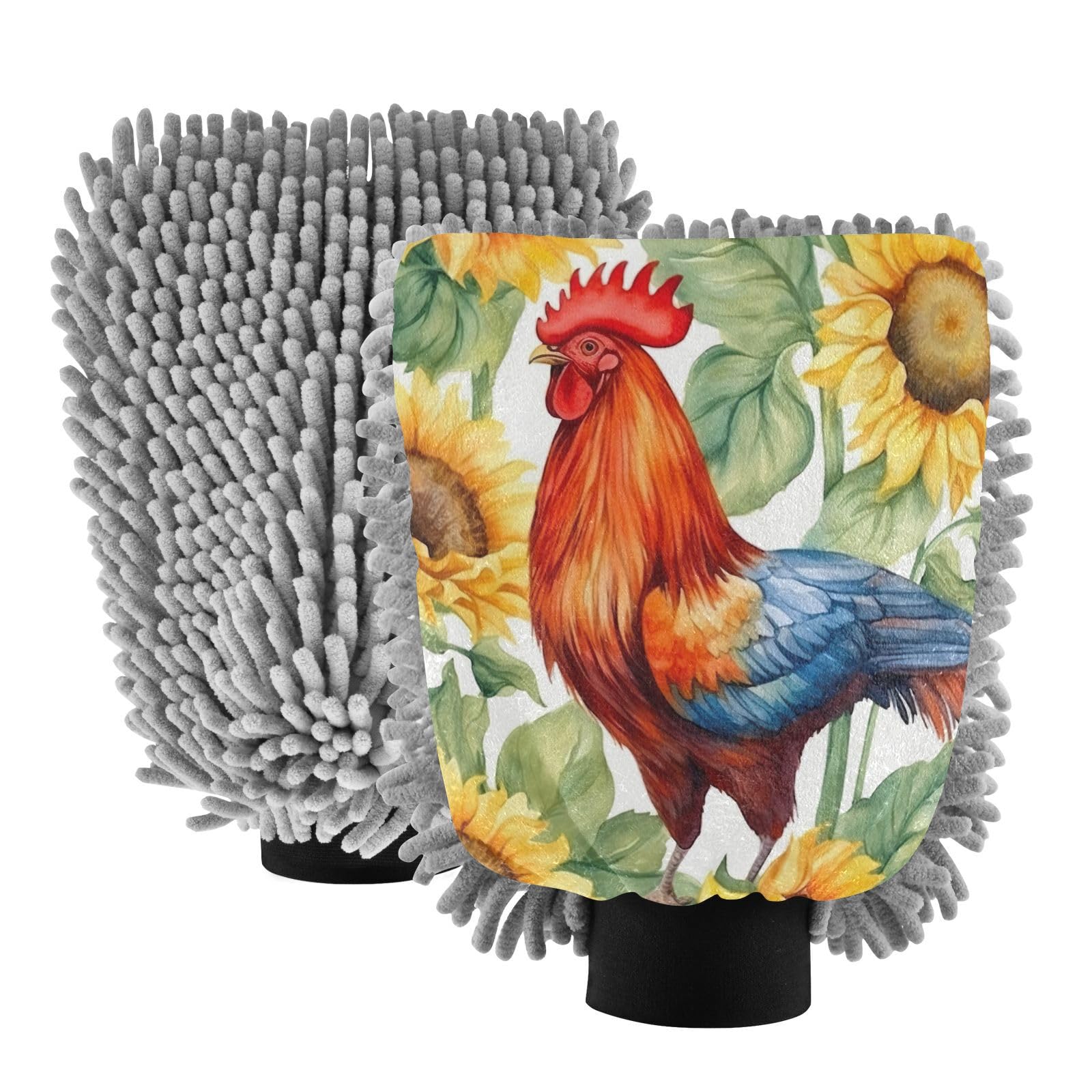 Flradish 2 Pack Roosters and Sunflowers Car Wash Mitt Chenille Microfiber Lint-Free Scratch Free Ultra-Soft Absorbent Car Wash Mitt 11.8x8.07 Inch