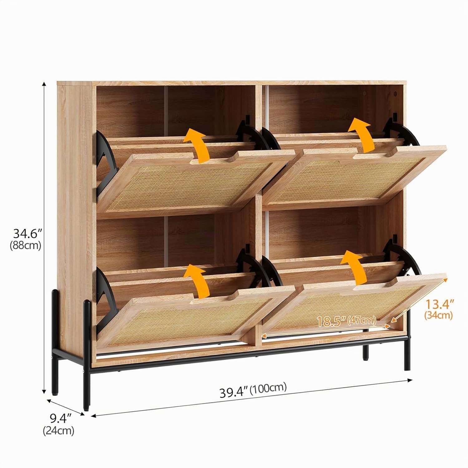 Garvee Zapatero Estrecho con 4 Solapas, de Madera con Puertas de Rattán | Mueble Zapatero Abatible, Estantes Regulables, Apto para Botas, Ideal para Entrada, Salón, Pasillo, 100 x 24 x 88 cm, Roble