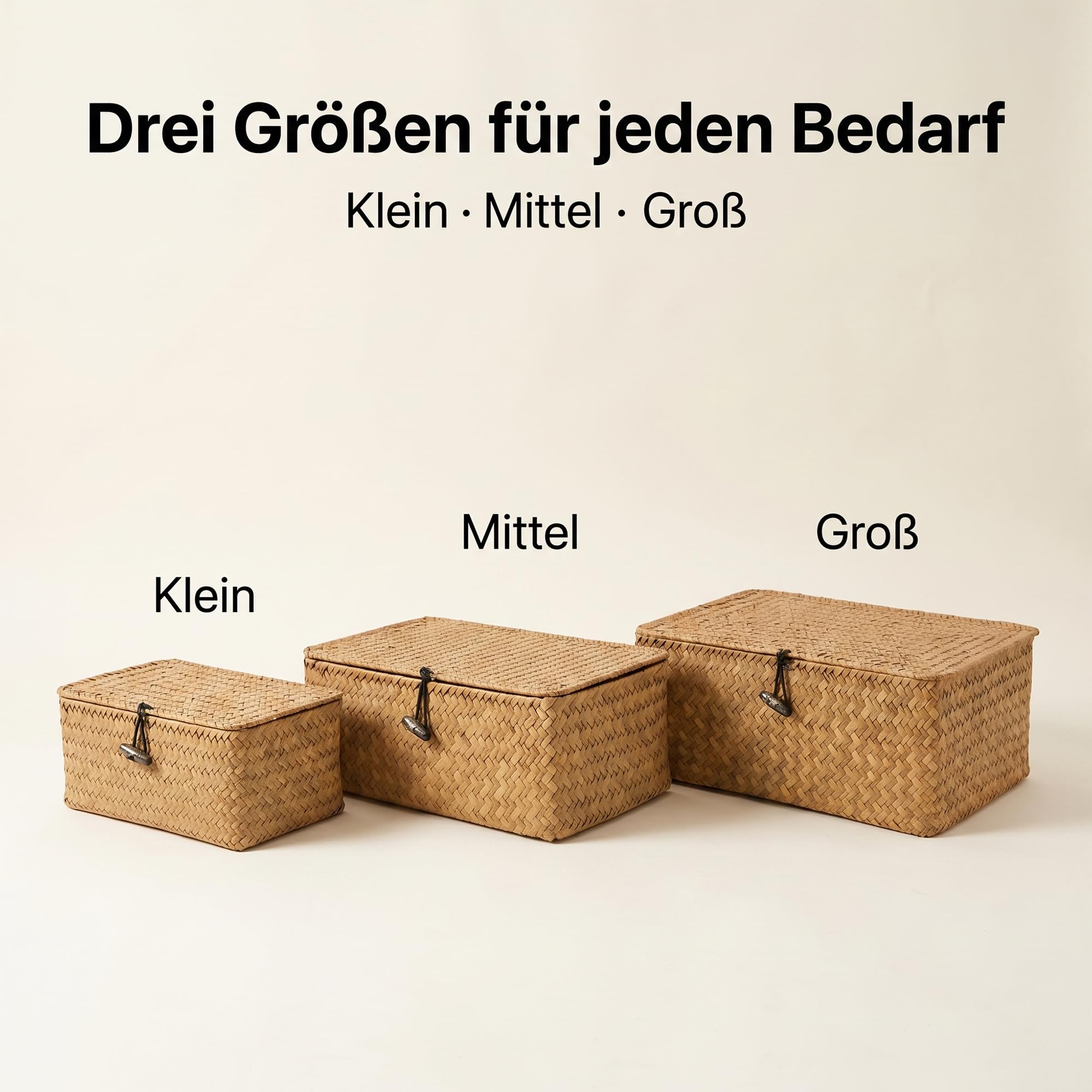 Set di 3 cestini per erba marina con coperchio, in vimini intrecciati naturali, rettangolari, in rattan con coperchio, per soggiorno, bagno, cucina, organizzazione