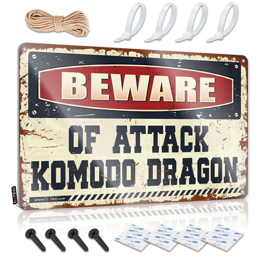 Bar Sign Metal Beware Of Attack Komodo Dragon Tin Sign Cave Door Sign Bar Accessories Man Cave(20X30CM)