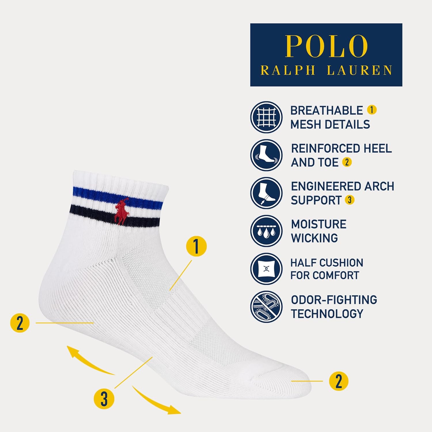 POLO RALPH LAUREN Men's Performance Cotton Quarter Socks - Image 4