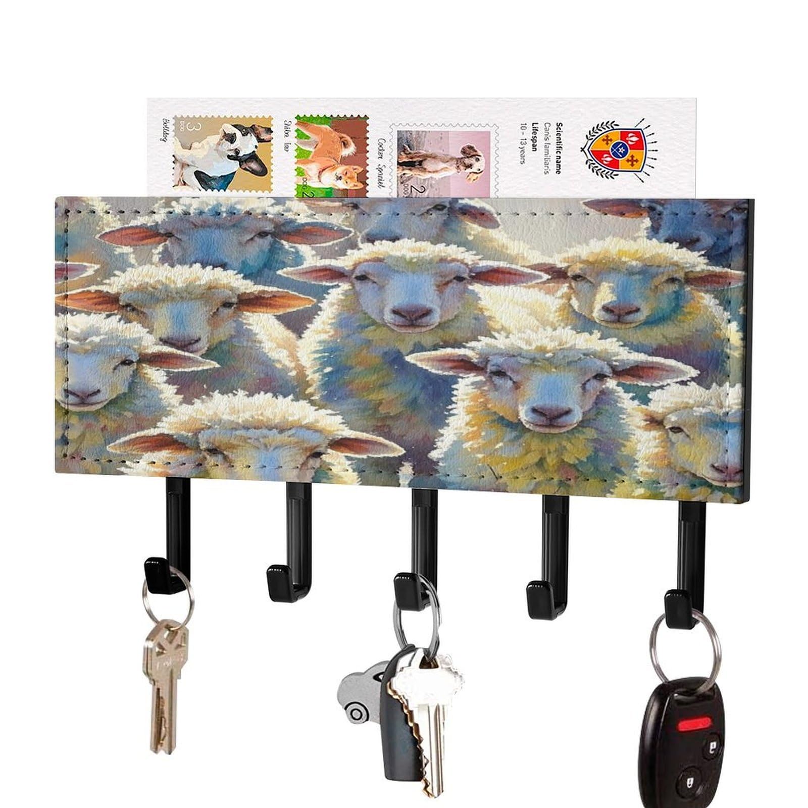 FekiLoot Watercolor Sheeps Key Holder Wall Mount Key and Mail Holder Key Hanger with 5 Hooks Decorative PU Key Rack Hanging Key Hooks for Wall Living Room Kitchen Bathroom Hallway Black-Style