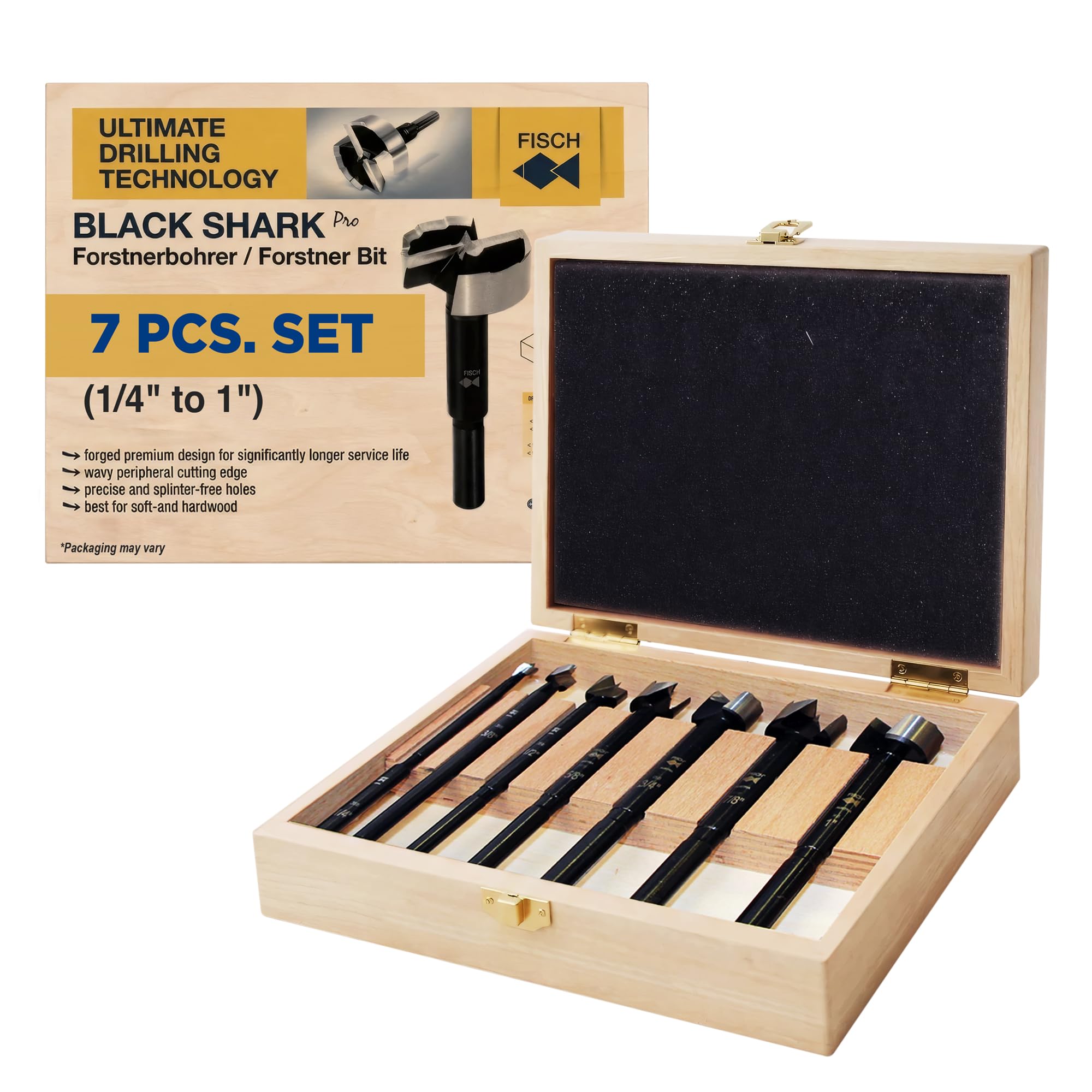 Fisch Black Shark Lot de 7 forets Forstner avec boîte en bois personnalisée avec embouts de 0,6 cm à 2,5 cm de diamètre en acier forgé de qualité supérieure fabriqué en Autriche