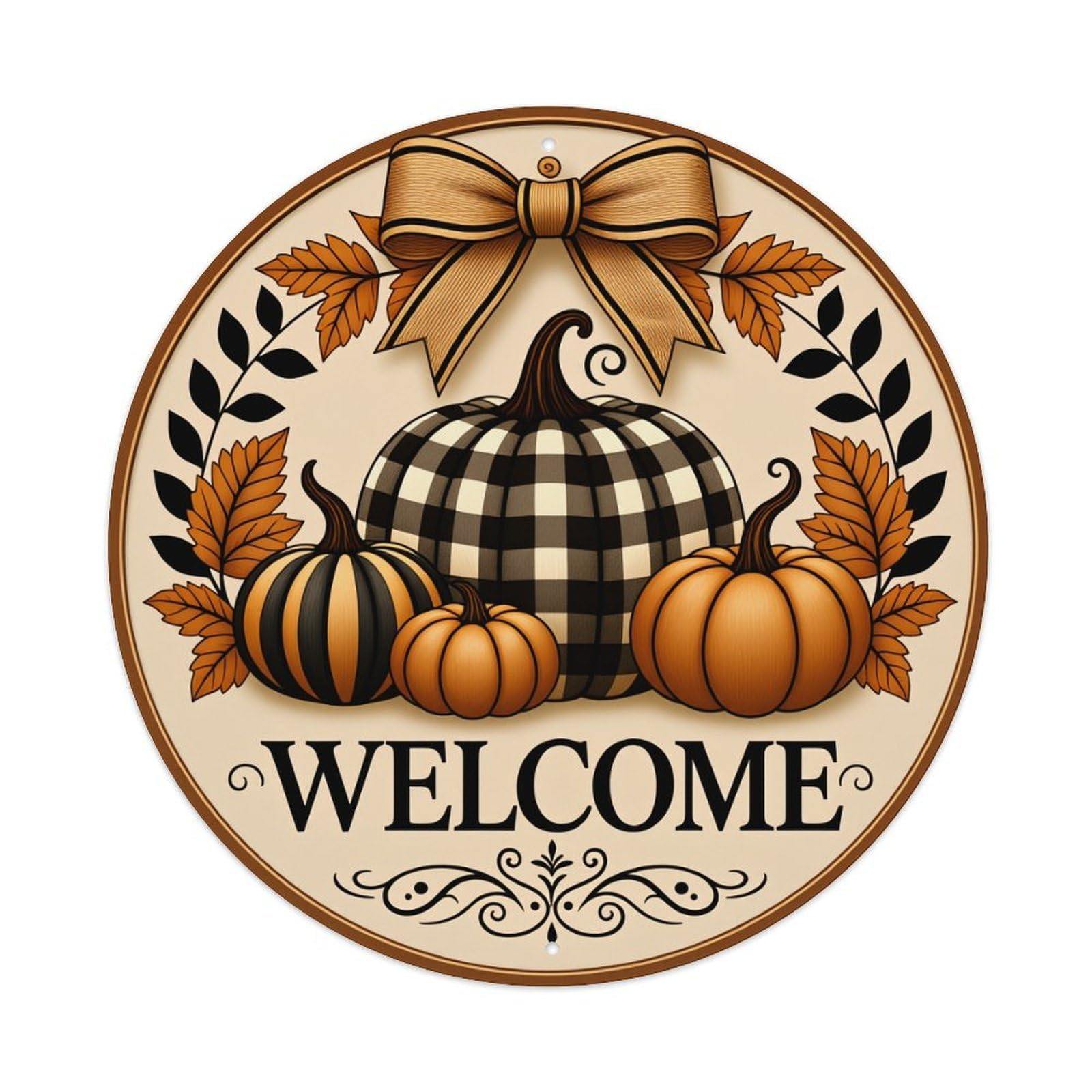 Pumpkin Autumn Leaves Bow Welcome Metal Tin Sign Vintage Garden Bedroom Cafe Bar Man Cave Home Wall Decor Metal Poster 8x8 inches