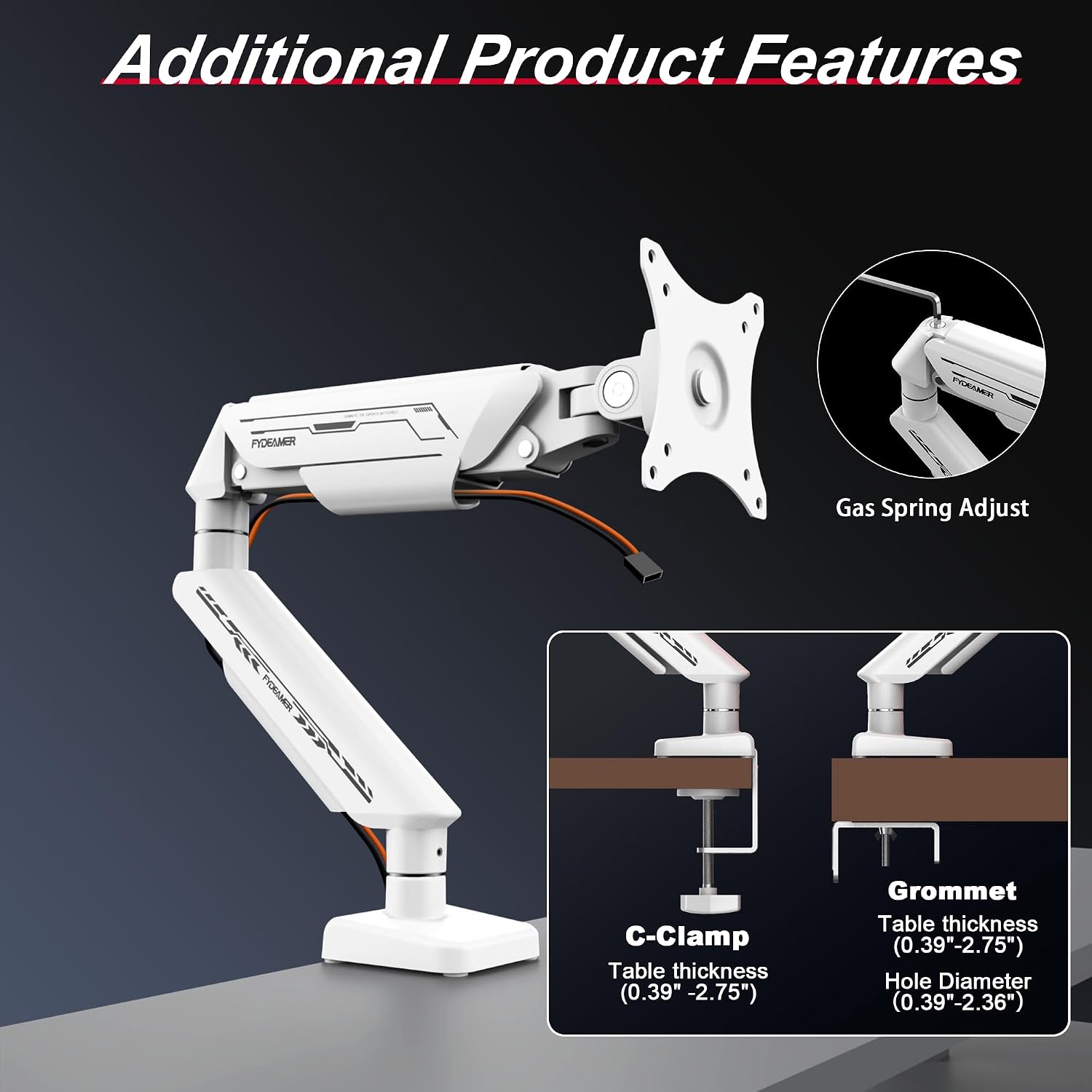 Fydeamer Monitor Arm for 17-35" Screens up to 24.2 lbs, Ergonomic Gas Spring Monitor Stand with Height Adjust, Tilt, Swivel & Cable Management, VESA Desk Mount with 2 Types of Installation, White