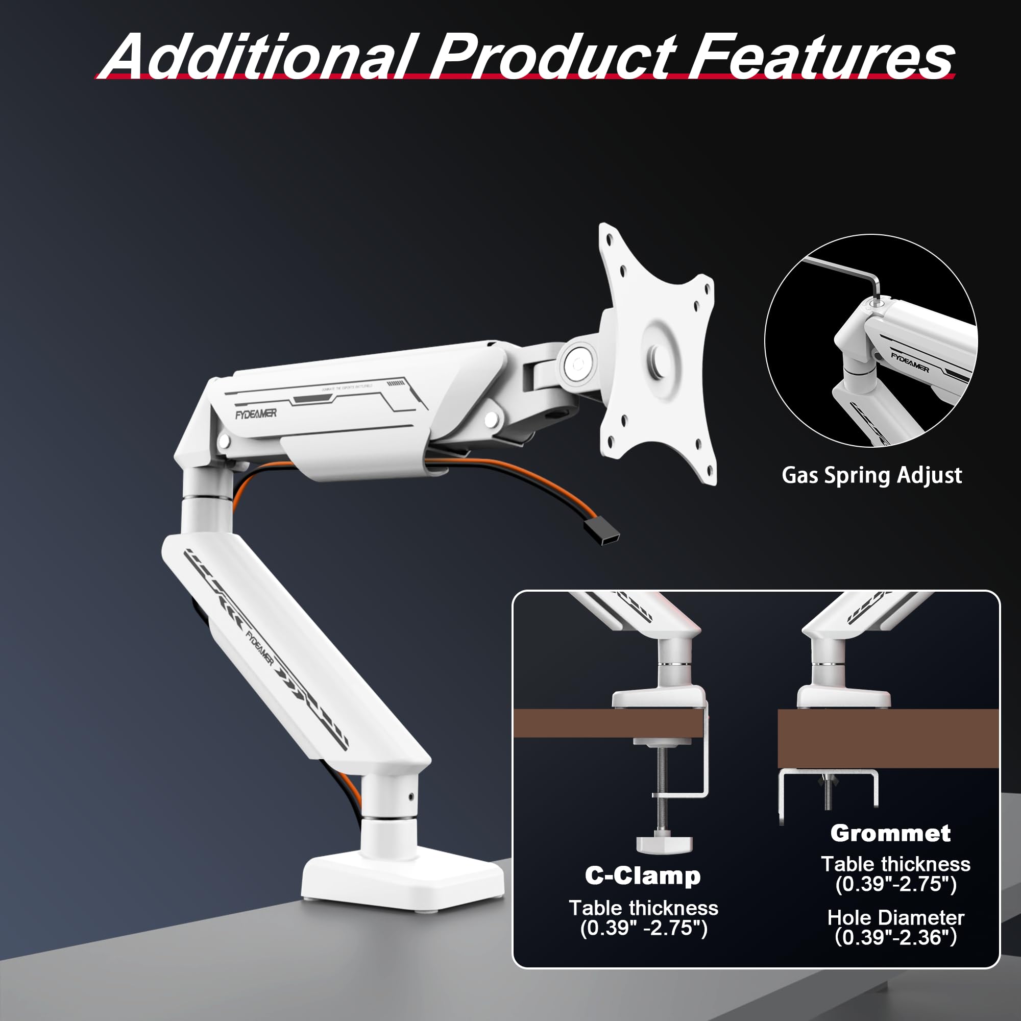 Fydeamer Bras Ecran PC Support Écran à Gaz, Bras Unique Réglable pour Écran 17-35" (11kg), Pivotant Inclinable VESA 75/100,Blanc