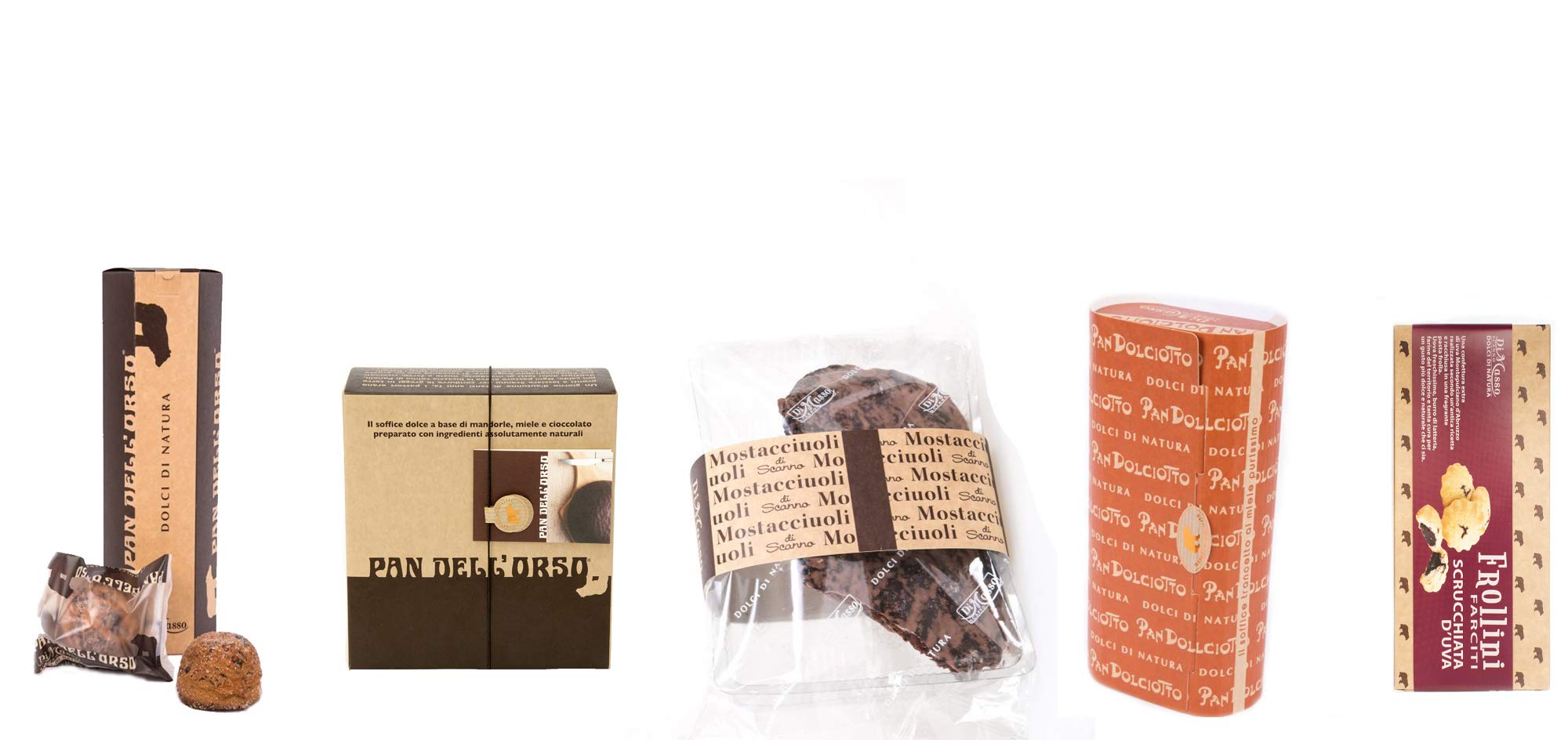 Pan dell'Orso ricoperto di Cioccolato, Mostacciuoli di Scanno, Pandolciotto, Frollini all'uva Scrucchiata e Tubo snack con gocce di cioccolato