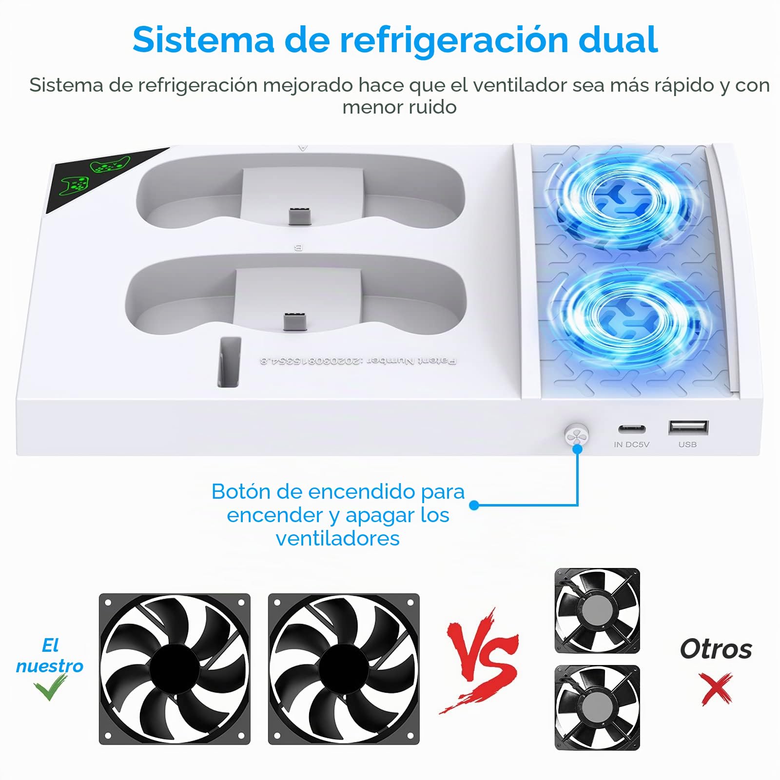 Soporte de refrigeración compatible con consola Xbox Series S con estación de carga de controlador, ventilador de refrigeración dual potente y base de carga de controlador con 2 baterías recargables