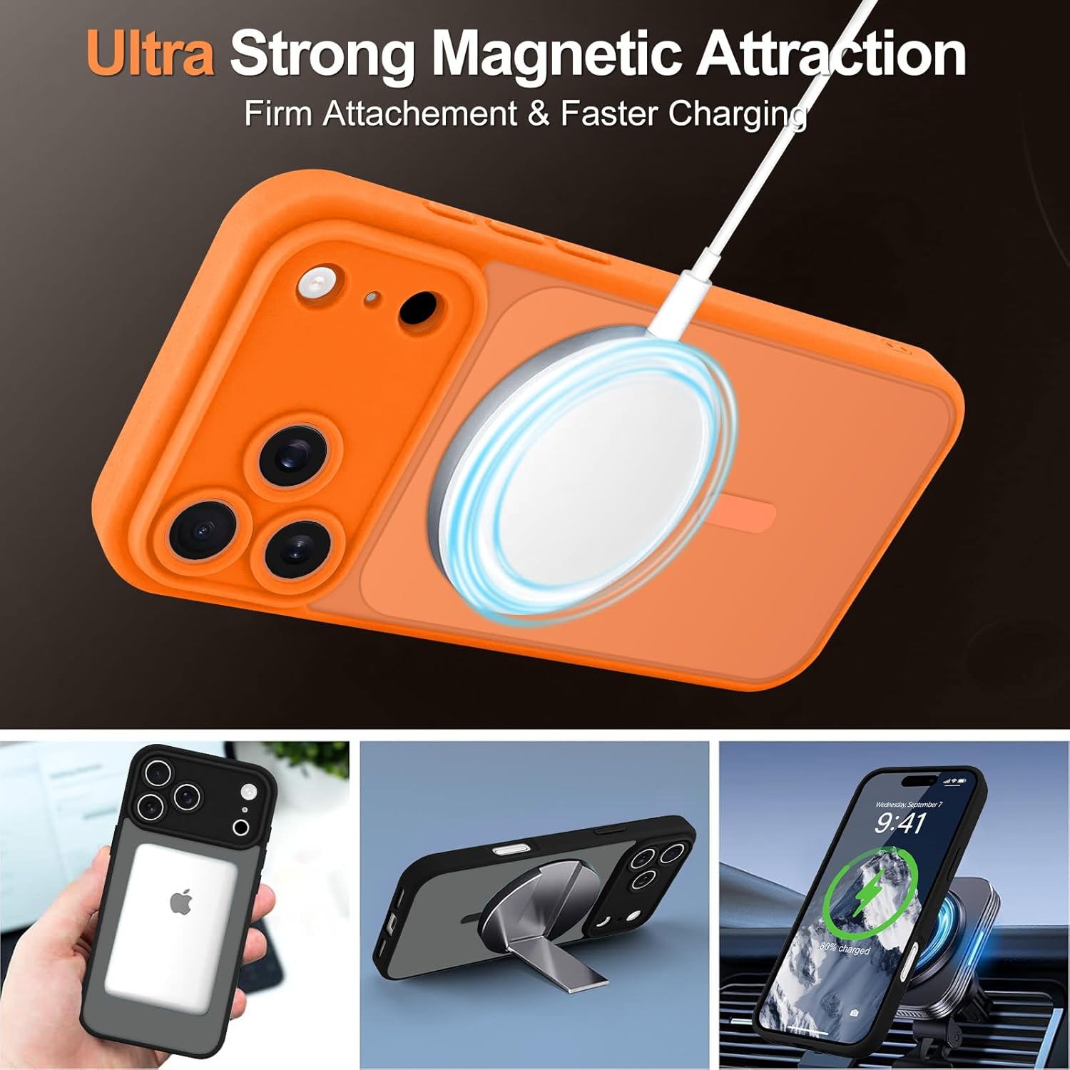 LAPOPNUT for iPhone 17 Pro Max Case, [Compatible with Magsafe] [Full Camera Protection] Magnetic Translucent Matte Back Bumper Shockproof Protective Phone Cover,Orange - Image 3