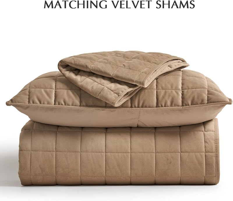 EverGrace Box Stitch Pearl Velvet Quilt Set, Queen Size, Camel image 5
