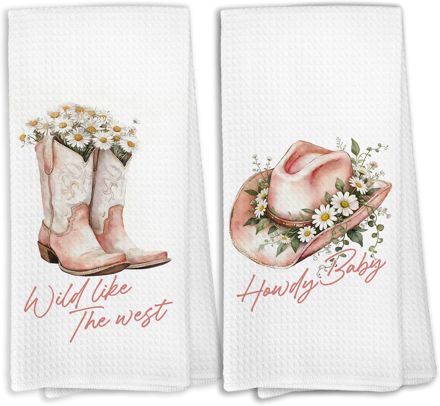 Western Cowgirl Floral Kitchen Dish Towels Decor 16x24in Set of 2
