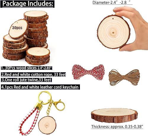 Miniatura 10 de SENMUT Rebanadas de madera natural, 30 unidades de círculos de madera preperforados de 2.0 a 2.45 pulgadas para manualidades, rebanadas de madera de