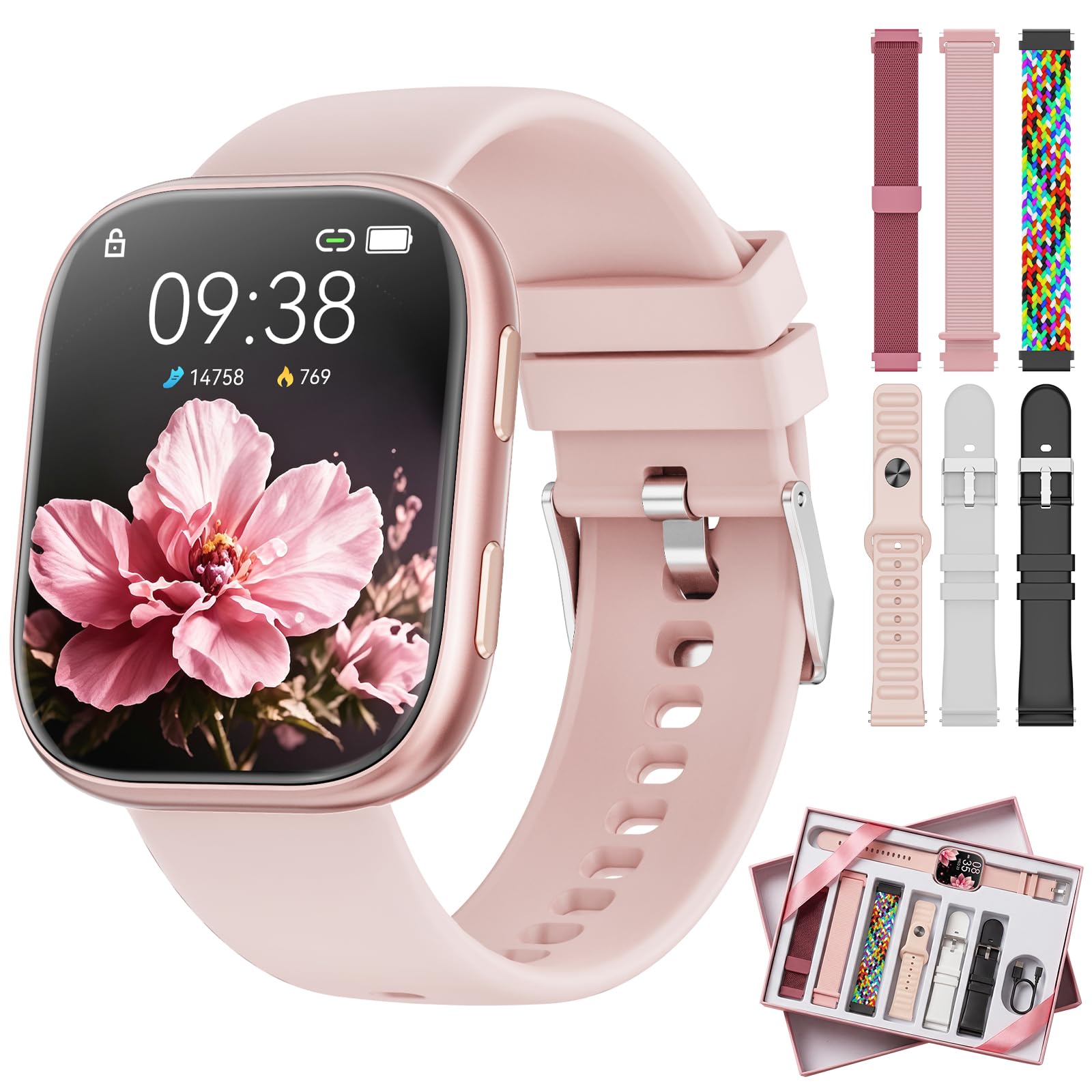 Mingtawn Reloj Inteligente Mujer con 7 Correas, 1.83″ Smartwatch con Bluetooth Llamada, 100+ Modos Deportivos, Monitor Pulsometro/SpO2/Sueño, Relojes Inteligentes para Android iOS