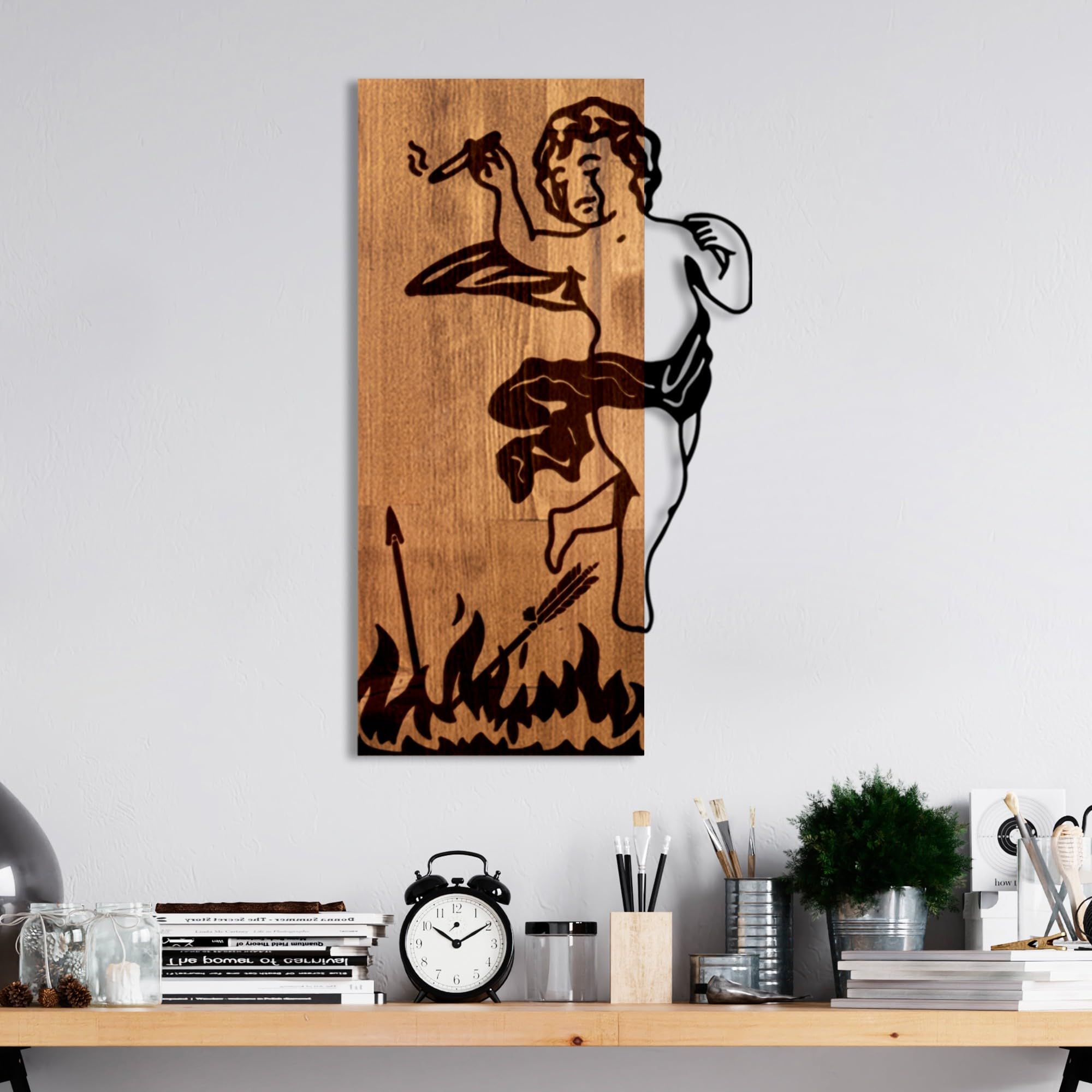 Elegant Decorative Wooden Wall Accessory, Walnut & Black, 35 x 58 x 3 cm, 50% Wood (3 cm) & 50% Metal (1.5 cm), Unique Design for Stylish Home Decor