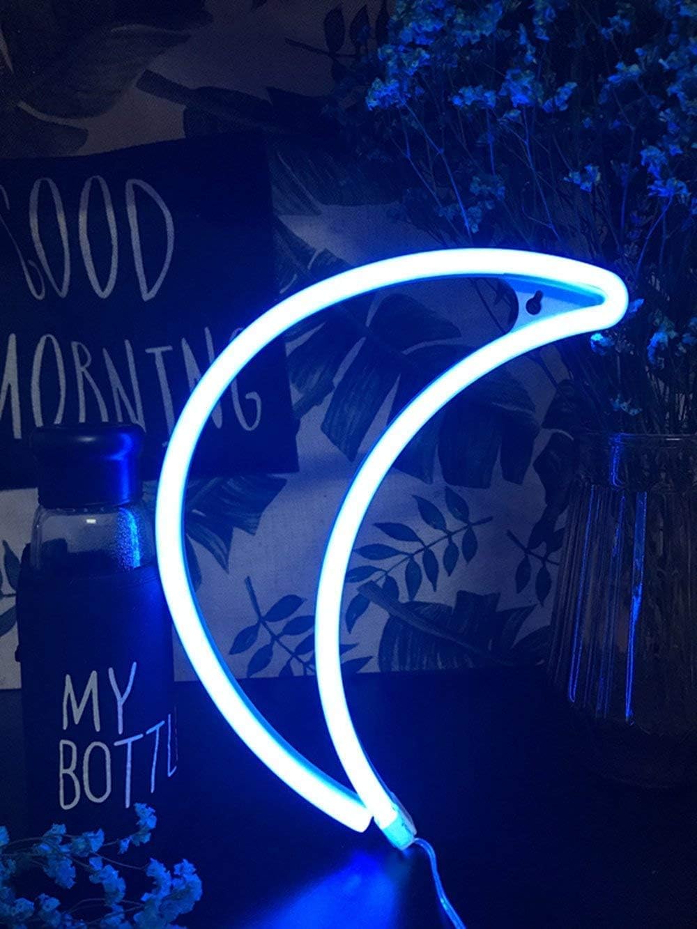 Decorative LED Crescent Moon Neon Light Signs Blue Neon Wall Light up Sign Art Decor for Home Kids Bedroom Birthday Party