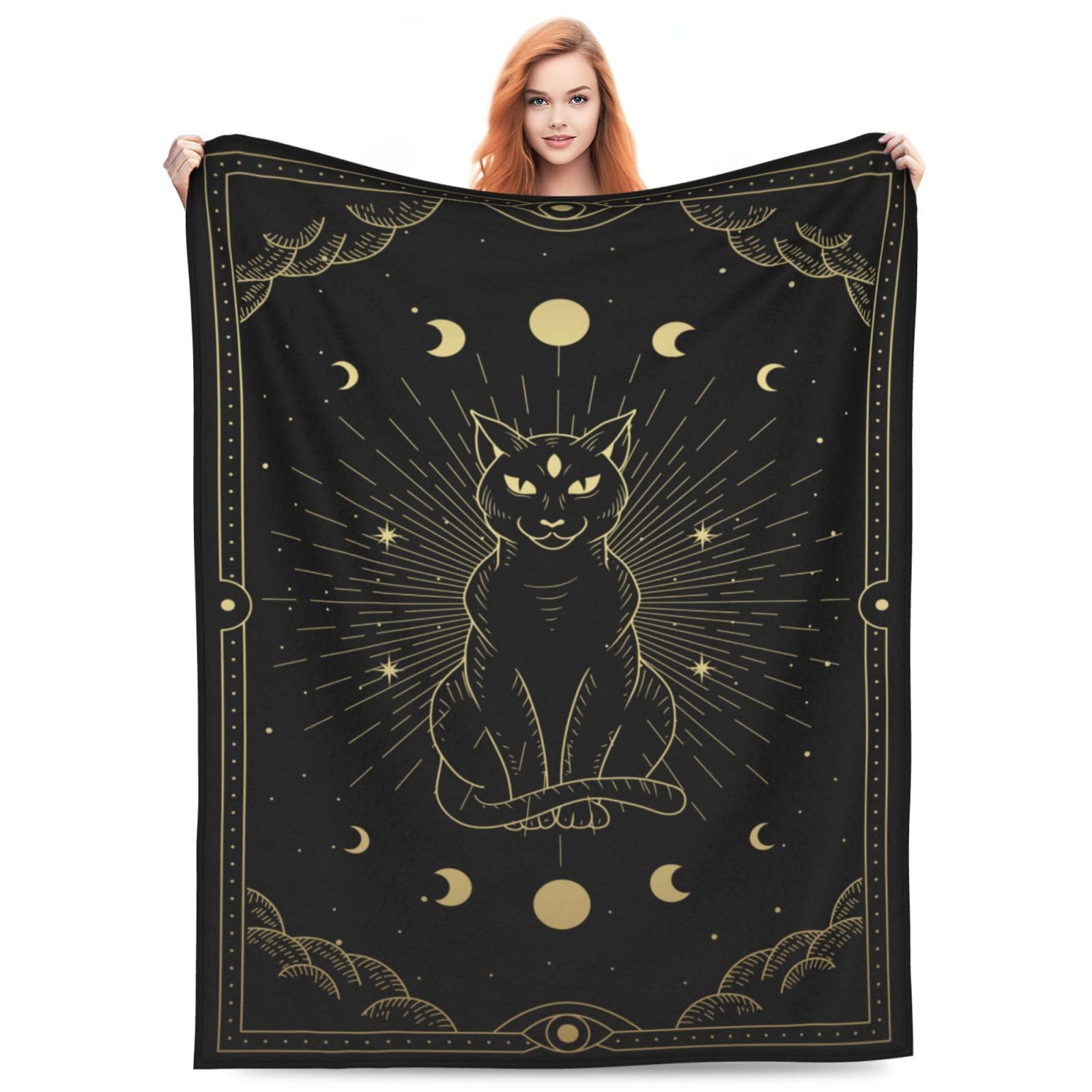 Mystical Moon Tarot Black Cat Blanket, Familiar Spirit, Pagan Witchcraft, Alchemy, Cat Decoration, Gifts for Girls and Women, Flannel, Soft, Warm, Cosy, Fluffy, Throw, — image 1