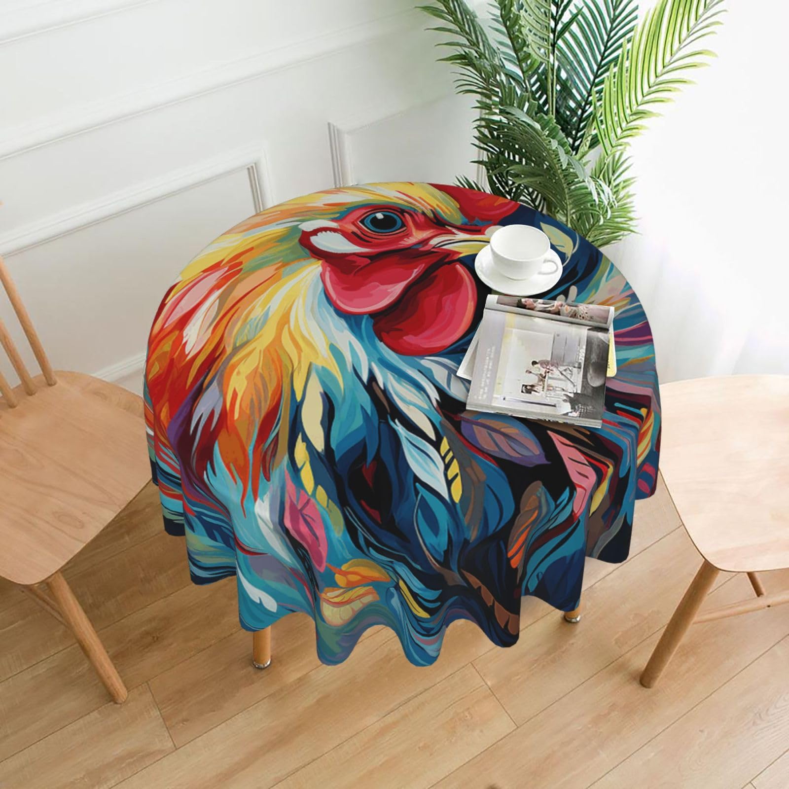 FodPand Art Colorful Chicken Tablecloths for Round Tables 60 Inch - Reusable Washable Dining Table Clothes - Stain and Wrinkle Resistant Decorative Fabric Table Cover for Wedding Party