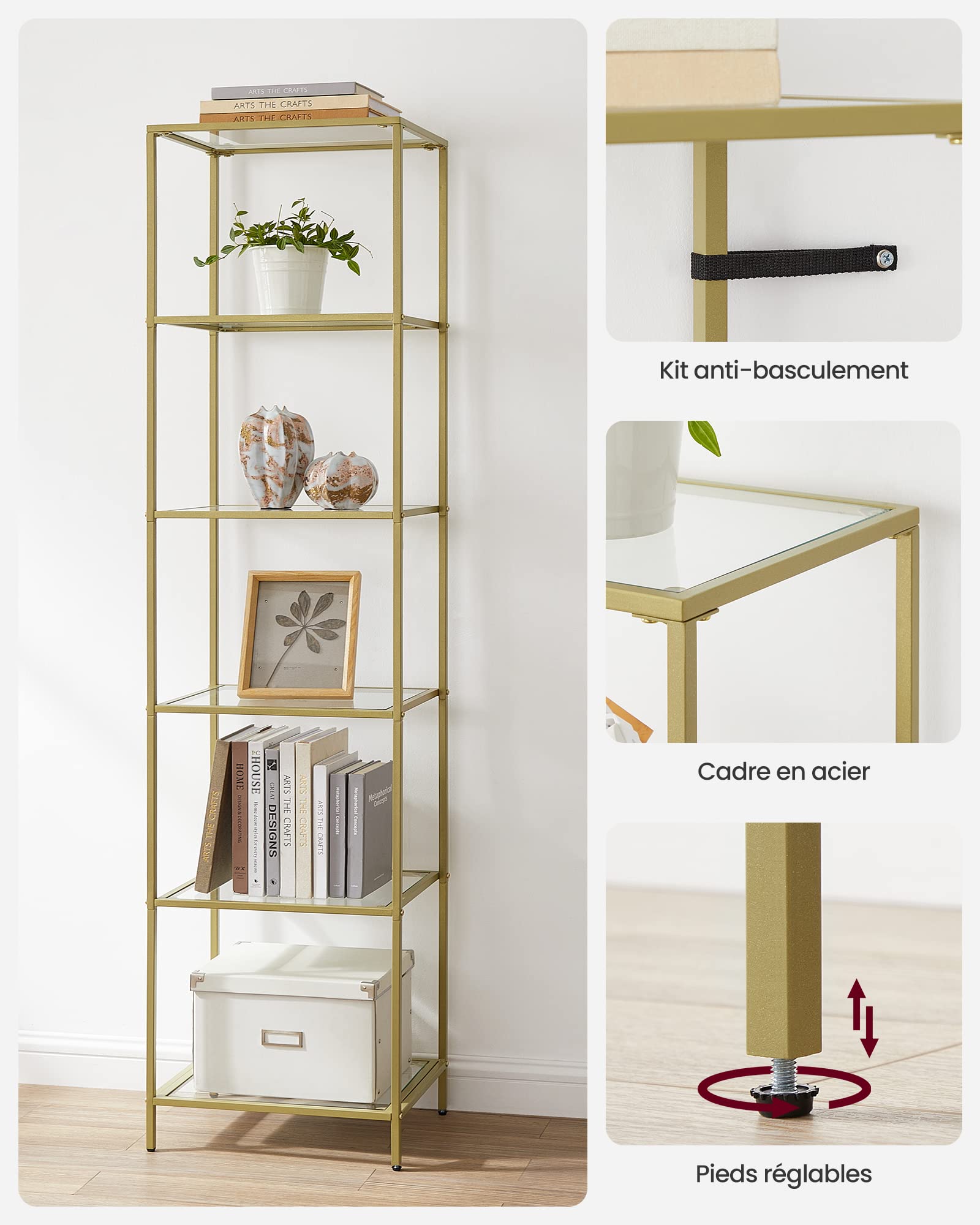 VASAGLE Étagère en Verre à 6 Niveaux, Bibliothèque, Étagère de Rangement, Verre Trempé, Facile à Monter, pour Salle de Bain, Salon, Chambre, Bureau, Doré LGT500A01