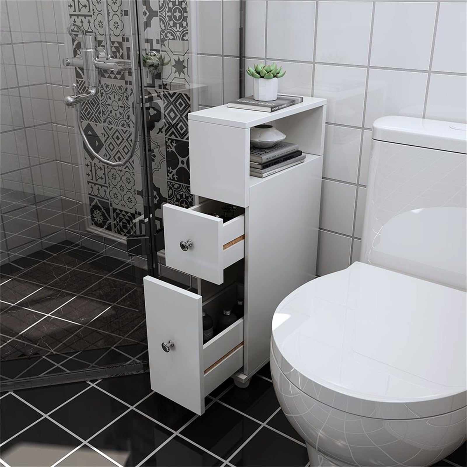 Ease Badezimmerschrank klein, Badschrank schmal, Kleiner Schrank für Toilettenpapier, Toilettenschrank mit Schubladen, Aufbewahrungsschrank stehend, für kleine Räume, weiß 15 x 33 x 65 cm