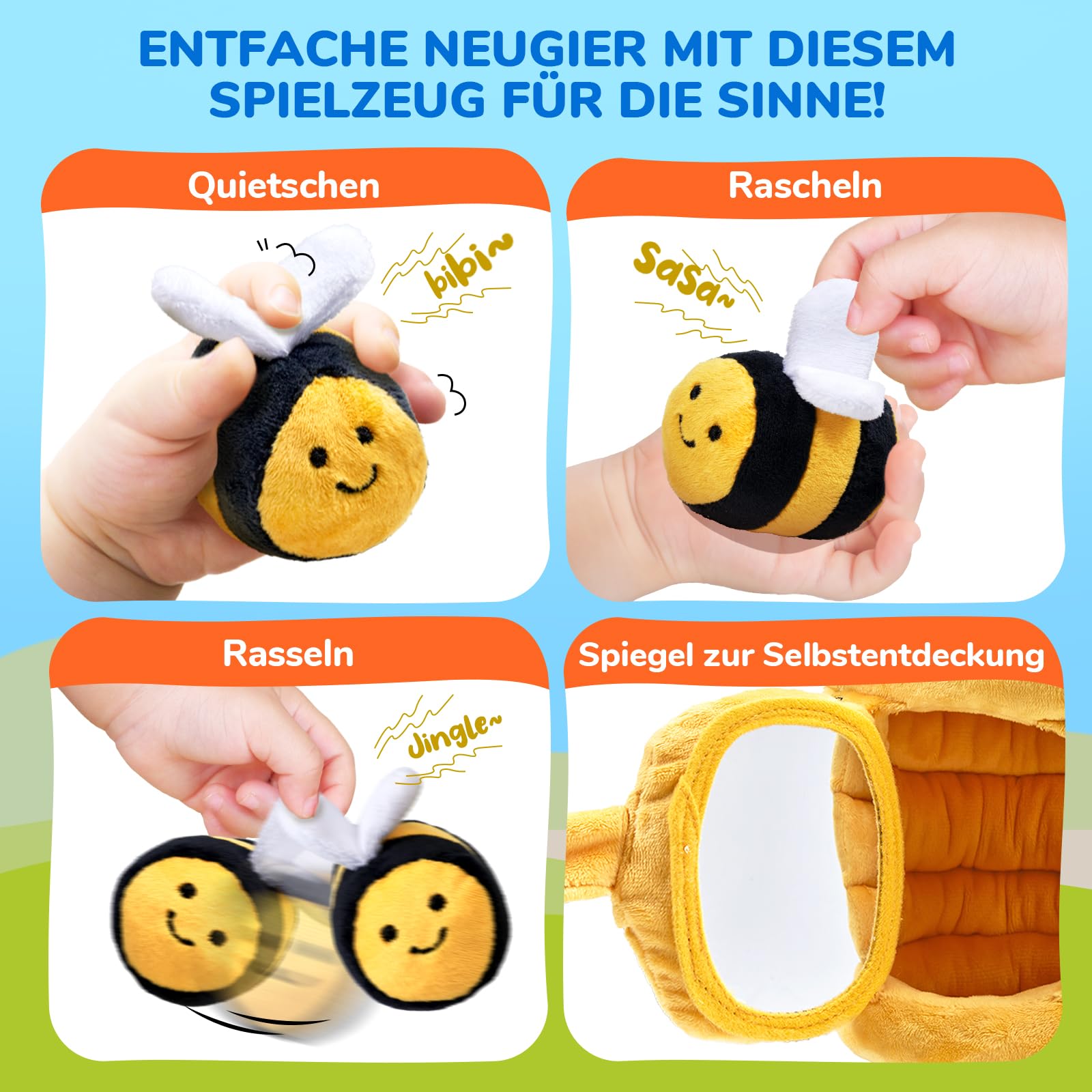 JoyCat Baby Spielzeug 6-12 Monate, Sensorik Spielzeug Baby Bienenstock mit 5 Bienen Spielzeug, Rassel, Spiegel, Montessori BabySpielzeug, Motorikspielzeug Geschenke für 6 8 9 12 Monate