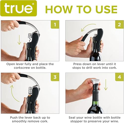 Miniatura 4 de True Sacacorchos con palanca, abridor vertical de vino con tapones, mango ergonómico de dos movimientos, sin fin antiadherente, juego de 3, negro