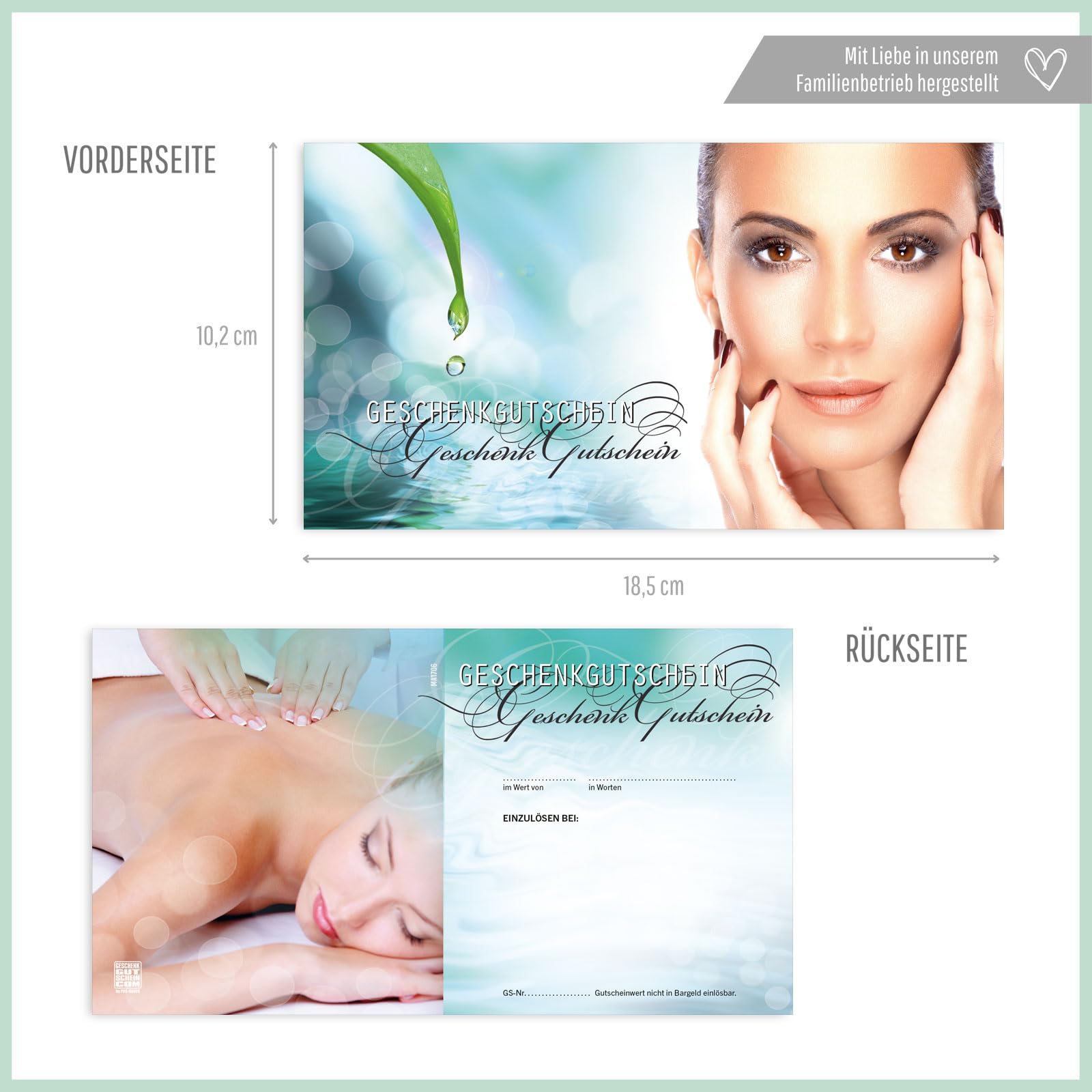 GESCHENKGUTSCHEINcom - 50 Gutscheine mit Umschlag/Schleife für Kosmetikinstitut Kosmetik Wellness - Geschenkgutschein-Vordruck blanko MA1706-2-50