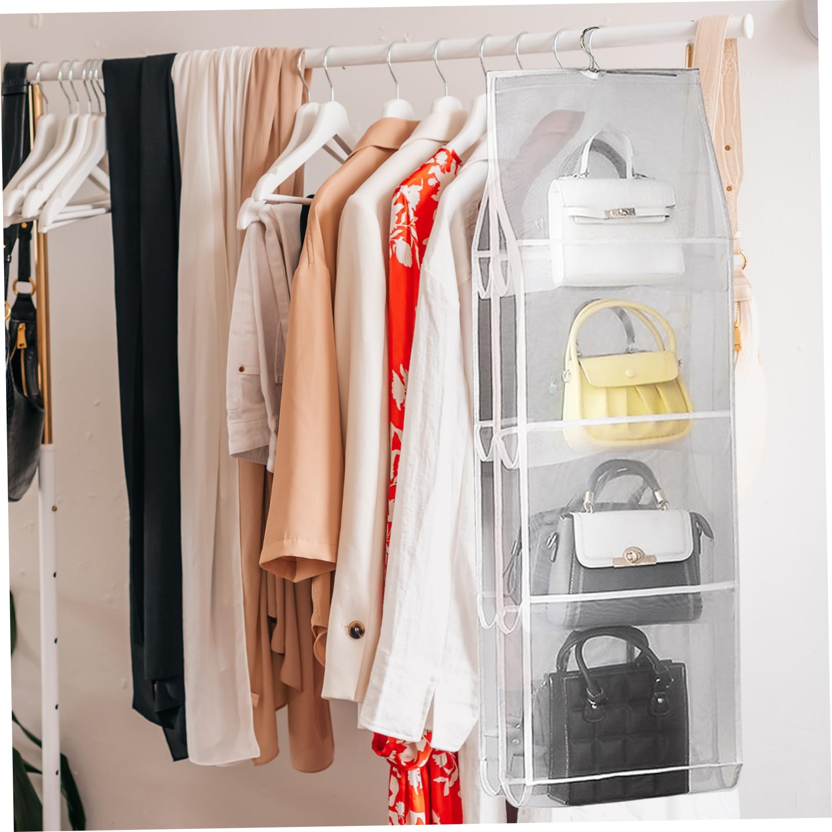 KOMBIUDA Organizador Ahorro Armario Bolsos de Nylon y Blanco Colgante 4 Niveles con Bolsillos, Gran Capacidad de Espacio para Hogar