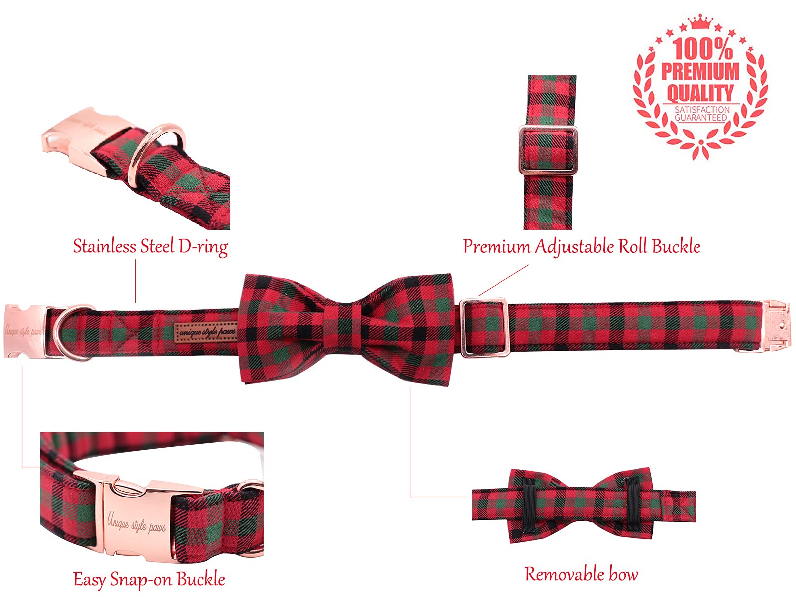 Unique Style Paws Weihnachts-Hundehalsband Mit Fliege | Verstellbar Für XS Hunde & Katzen | Halsumfang 20–30 Cm