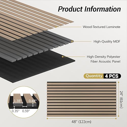Miniatura 2 de TONOR 4 paneles acústicos adhesivos de listones de madera de 48 x 24 pulgadas para pared, decorativos 3D, acanalados, para absorción acústica,