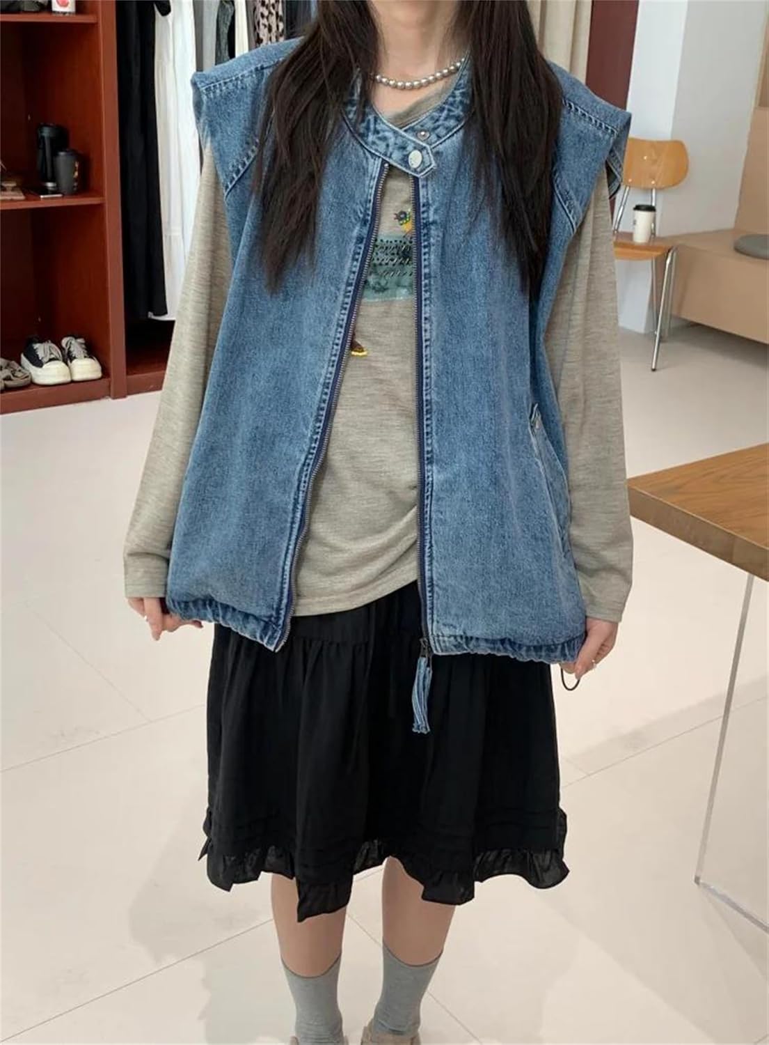 Women’S Zipper Drawstring Denim Vest Casual Shoulder Coat Round Neck Jacket Cotton Loose Fit Summer Country Outfits