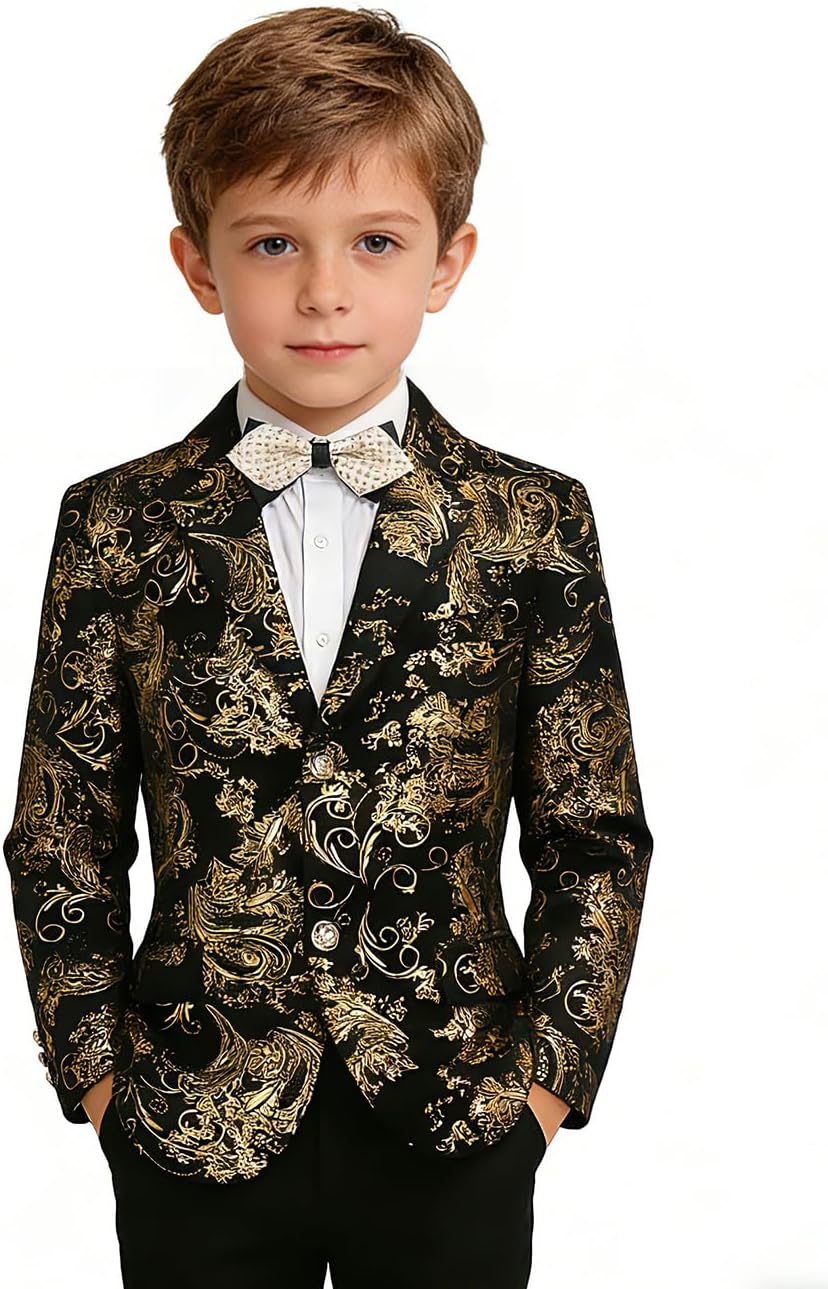 Boys Floral Velvet Blazer Jacket for Kid Tuxedo Jackets