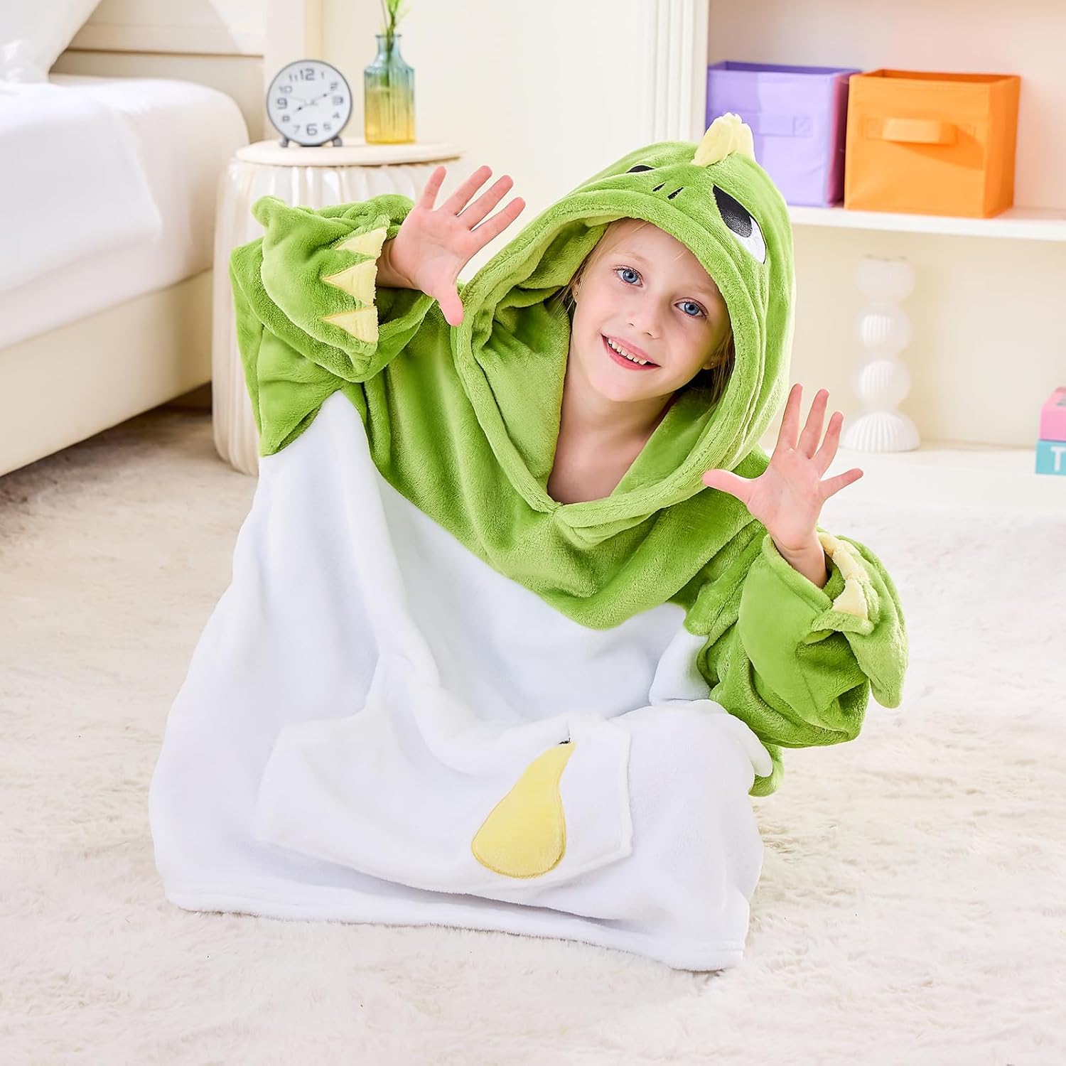 IFNOW Wearable Blanket Hoodie Kids, Oversized Fleece Blanket Sweatshirt Christmas Birthday Gifts for Boys, Girls, Teen Hoodie with Portable Foldable Blanket Pillow, Embroidery 5-15 Years, DinoPear - Image 6