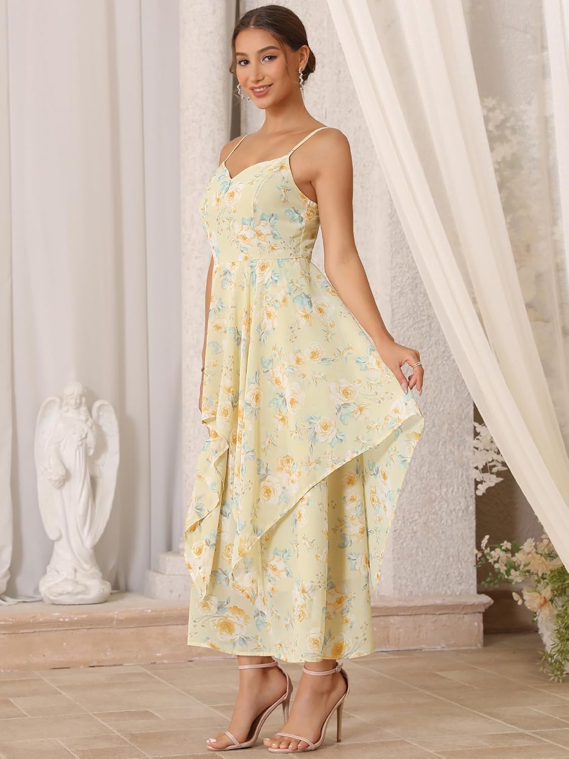 Women's Floral Dress Chiffon Summer Flowy Ruffles Tiered Spaghetti Strap Sundress - Image 2