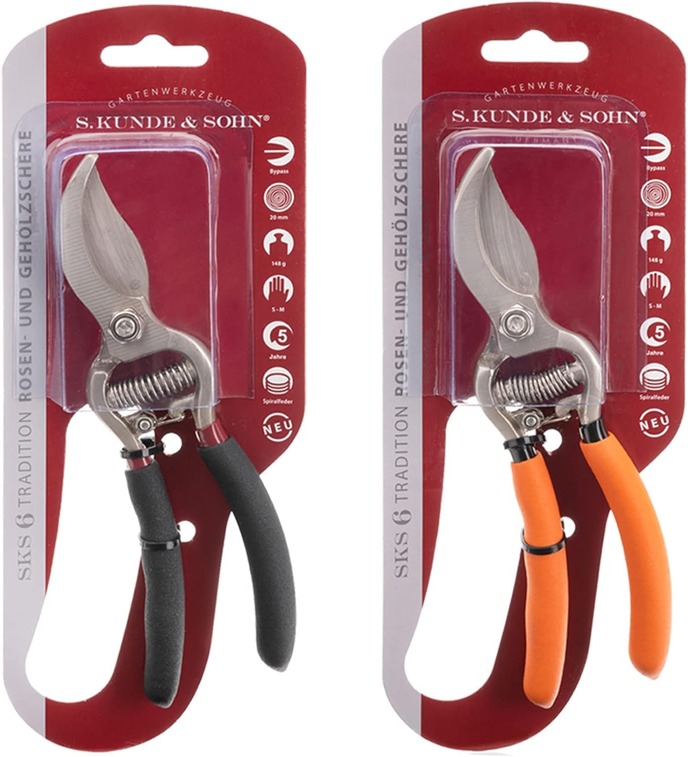 SKS – die leichteste geschmiedete Gartenschere 2ER-Set 2X SKS6 – ergonomisches Design – Bypass – Rosen-Rebschere – ∅20mm – kompl. beschichtet, rostfrei