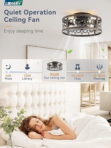 Miniatura 9 de LEDIARY Ventilador de techo enjaulado con luz y control remoto, ventilador de techo pequeño de perfil bajo de 16 pulgadas con luz, 6 velocidades y