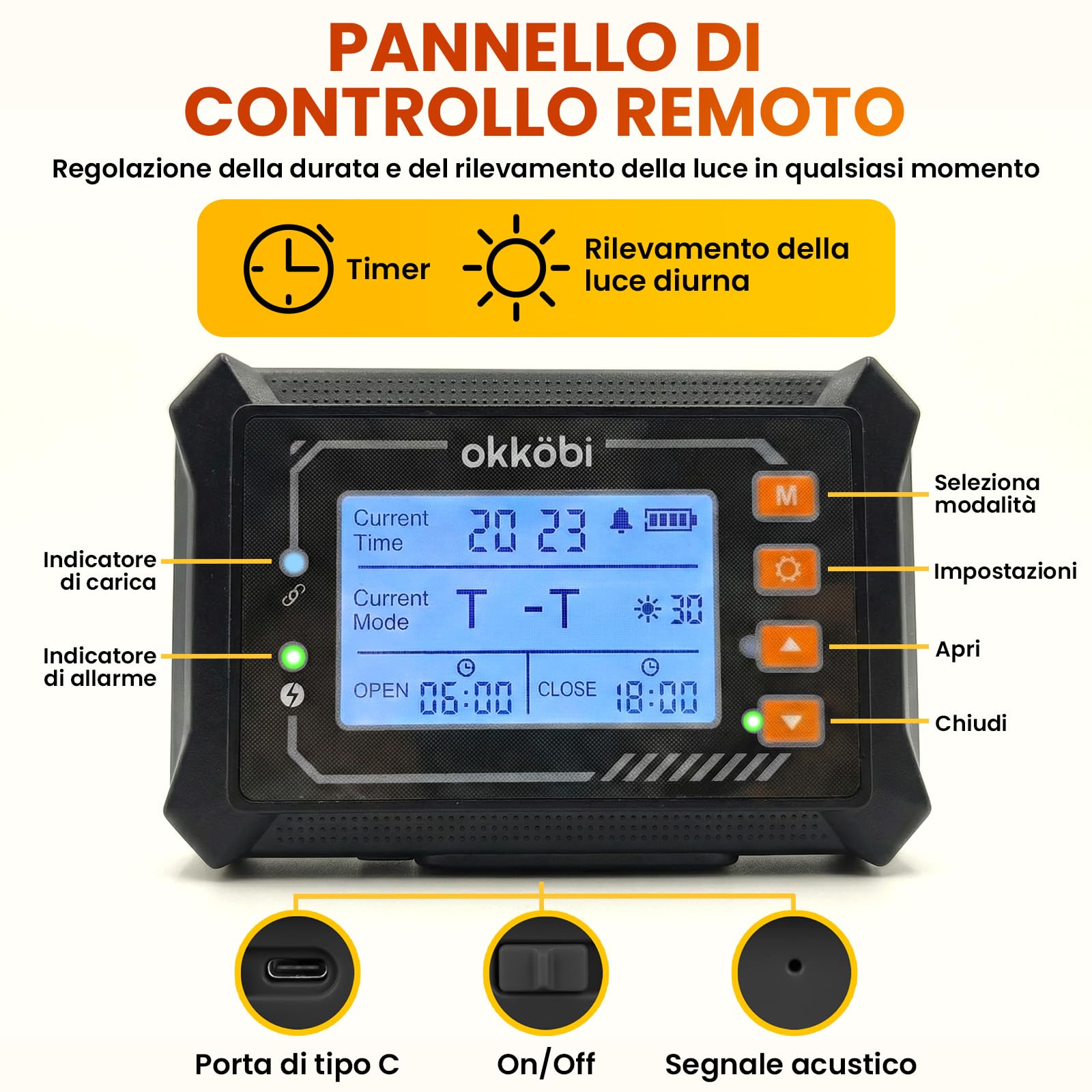 Chicken Coop Door Wireless Display LCD, Timer e Sensore di Luce | Porta Automatica per Pollaio Solare con Centralina, Resistente ai Predatori, 27,5 36,15 CM, Impermeabile - Nero