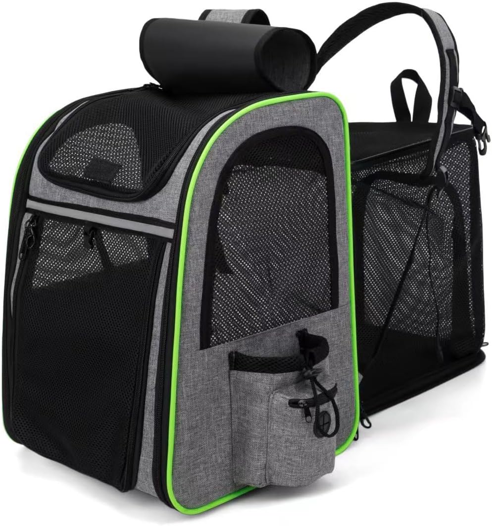 Generic Pet bag Double shoulder cat bag Portable breathable outdoor foldable expansion dog backpack Large capacity pet (Grey with fluorescent green cover)