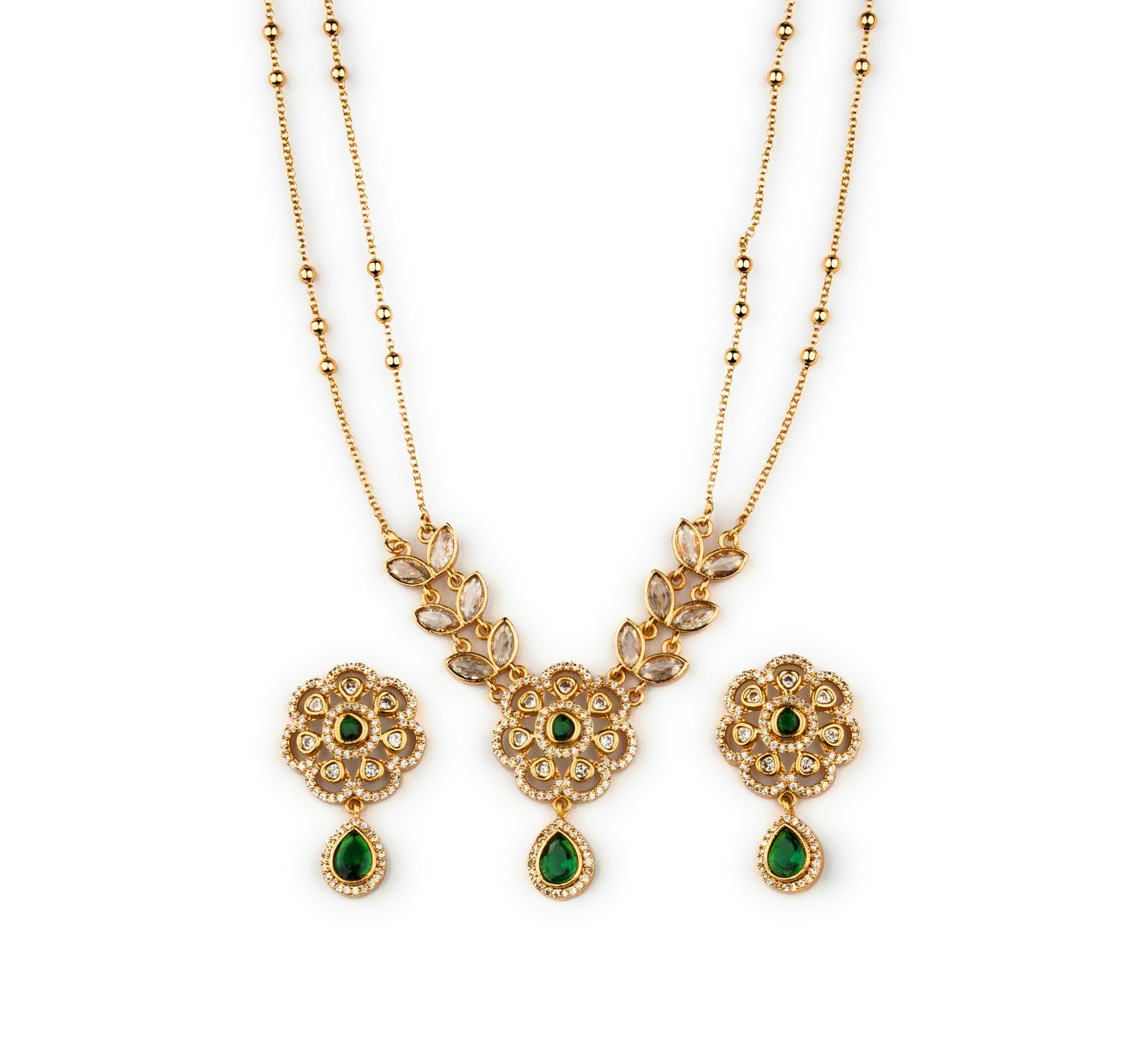 American Diamond Matte Gold Two Line Floral Necklace Set for Women-image-34