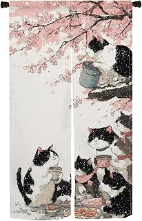 Japanese Noren Doorway Curtain, Cute Cats Cherry Blossom Print, 33.5"x 59"