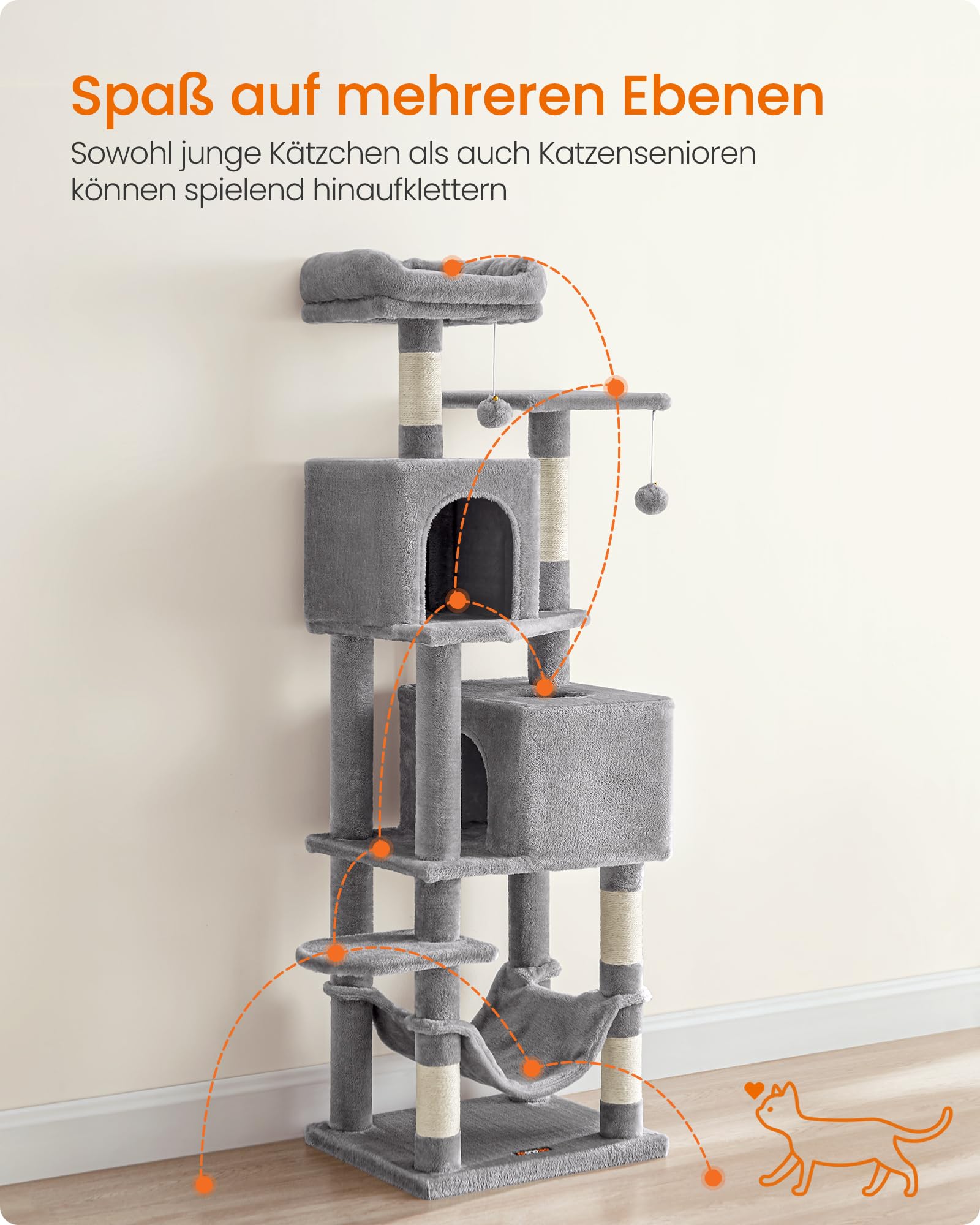 Feandrea Kratzbaum, 155 cm hoch, Katzenbaum mit 5 Kratzsäulen, 2 Plattformen, 2 Katzenhöhlen, Hängematte, 2 Plüschbälle, Plüsch, mehrstöckiges Design, hellgrau PCT192W01