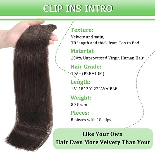 Miniatura 5 de Extensiones de cabello humano real con clip, color marrón oscuro, extensiones de cabello con clip de doble trama para mujer, extensiones de cabello