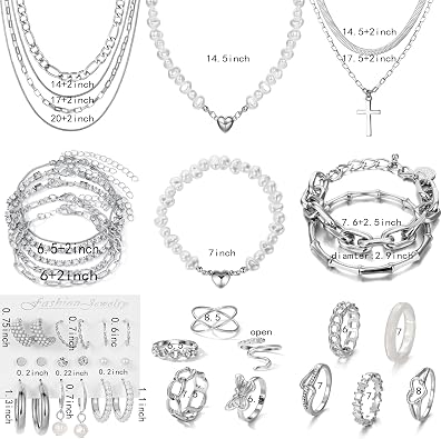 43 PCS Silver Jewelry Set for Women,Ball Dangle Hoop Earrings,Multi Layered Bracelets,Stackable Knuckle Rings,Adjustable Dainty Necklaces,Anniversary Valentine Fashion Trendy Party Gift Pack