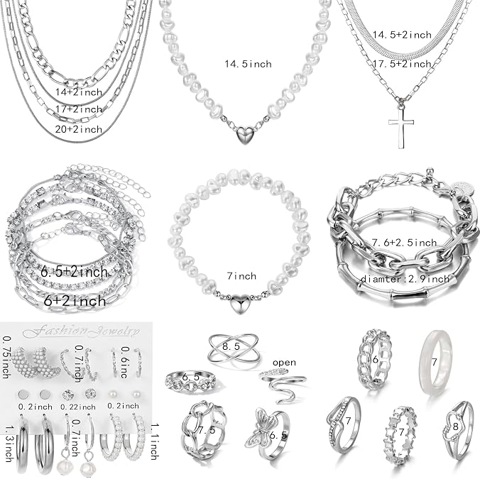 43 PCS Silver Jewelry Set for Women,Ball Dangle Hoop Earrings,Multi Layered Bracelets,Stackable Knuckle Rings,Adjustable Dainty Necklaces,Anniversary Valentine Fashion Trendy Party Gift Pack